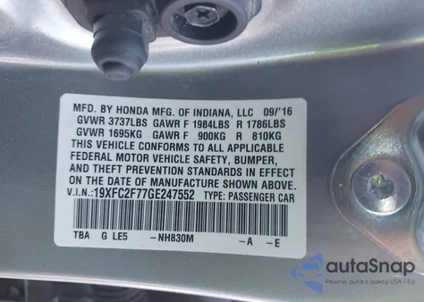 2016 Honda Civic Ex из США, поврежденный, VIN 19XFC2F77GE247552